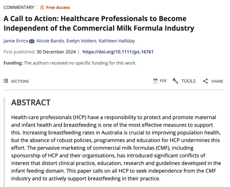 A Call to Action: Healthcare Professionals to Become Independent of the Commercial Milk Formula Industry